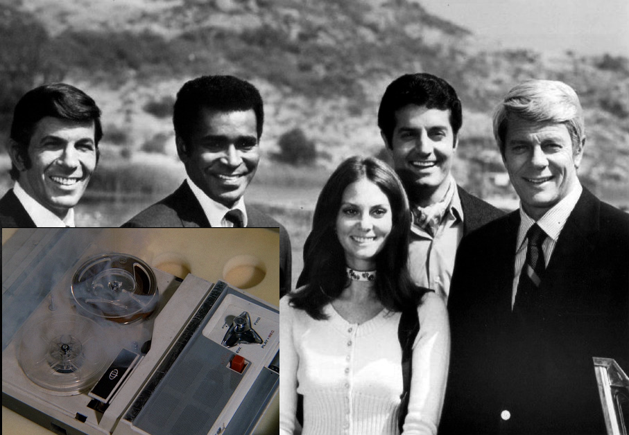 En bild på skådespelarna i 1970-års upplaga av TV-serien Mission Impossible. Infälld en bild på banspelaren med det självförstörande bandet, från serien